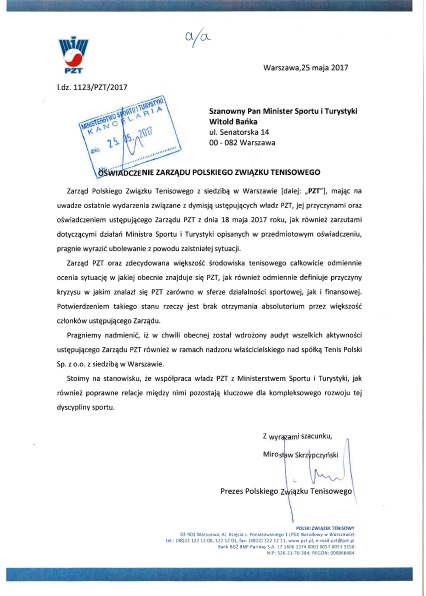 Oświadczenie Zarządu Polskiego Związku Tenisowego 
